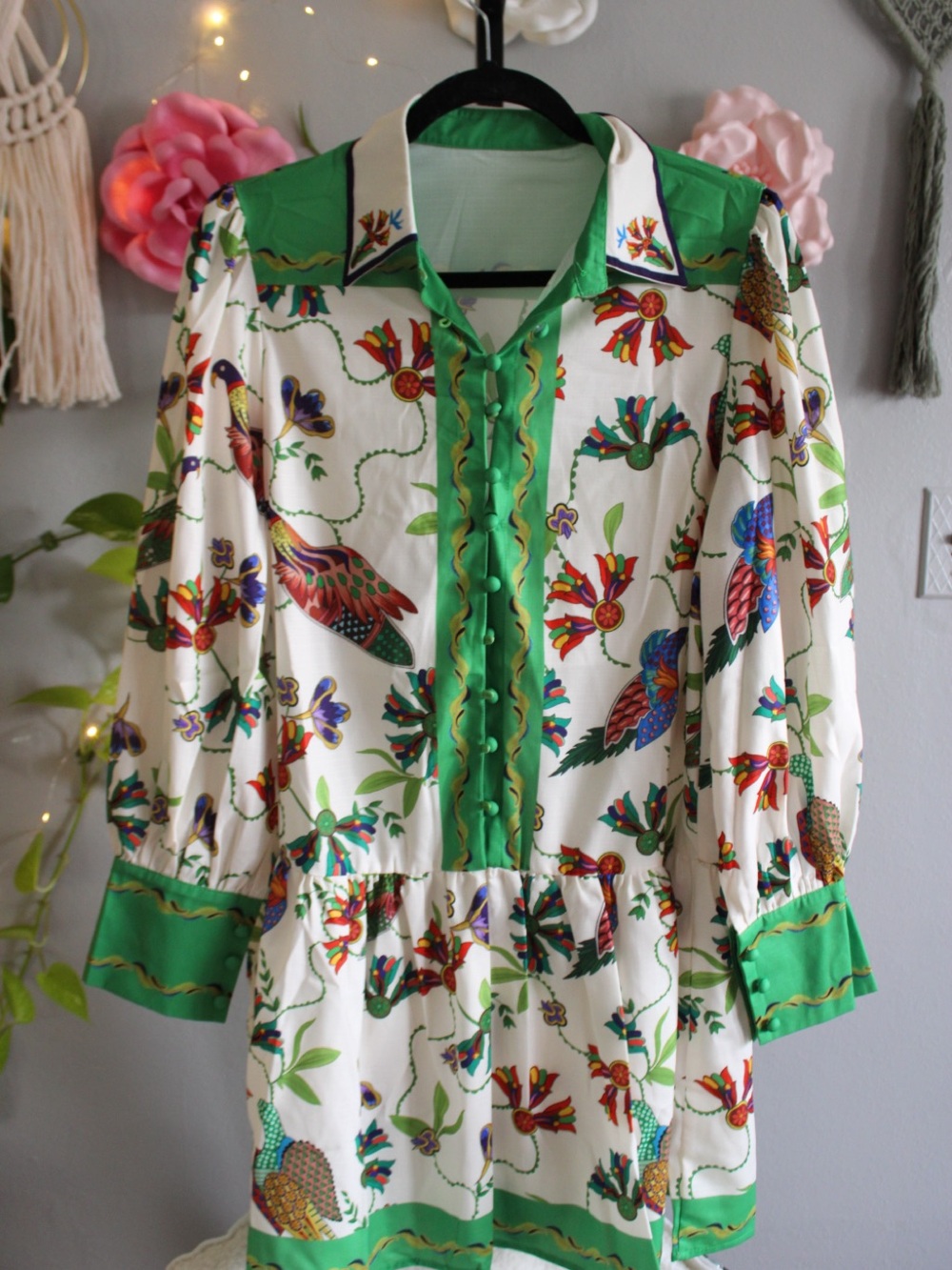 Colorful Bird Print Button Front Mini Dress | Fits Like Large